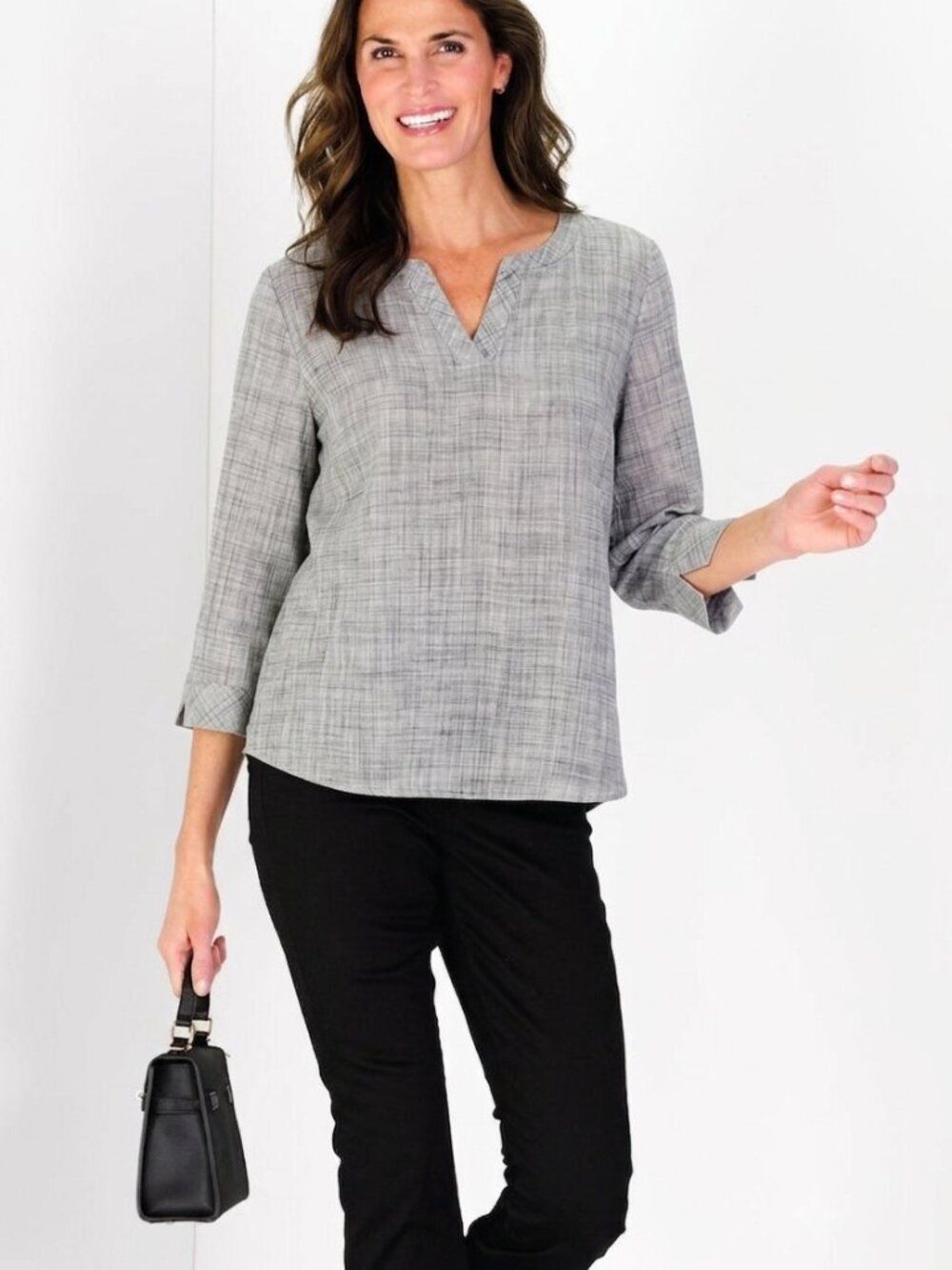 Van Heusen L Gray Plaid Split Neck 3/4 Sleeve Viscose Blouse Windowpanel Office